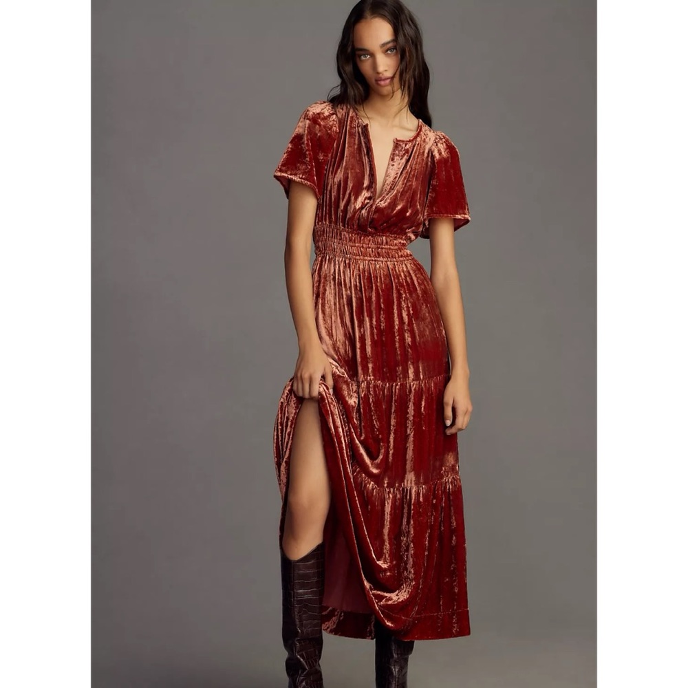 Anthropologie Velvet Maxi Dress in Rust